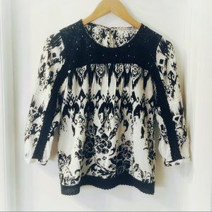 Cabi ikat lace trim boho peasant top